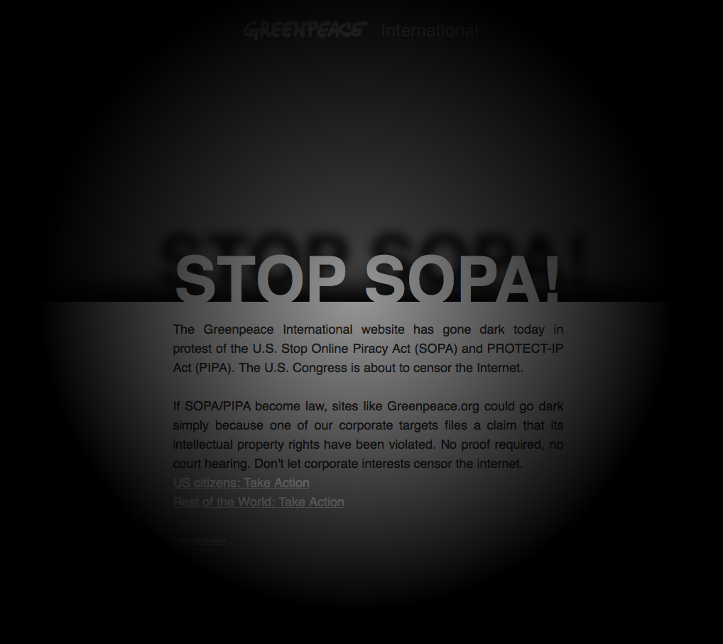 Greenpeace International SOPA Blackout page