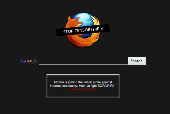 Mozilla start page SOPA Blackout page
