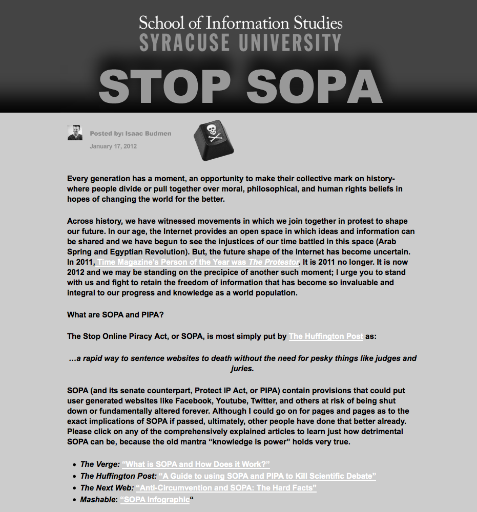 Syracuse University School of Information Studies SOPA Blackout pae